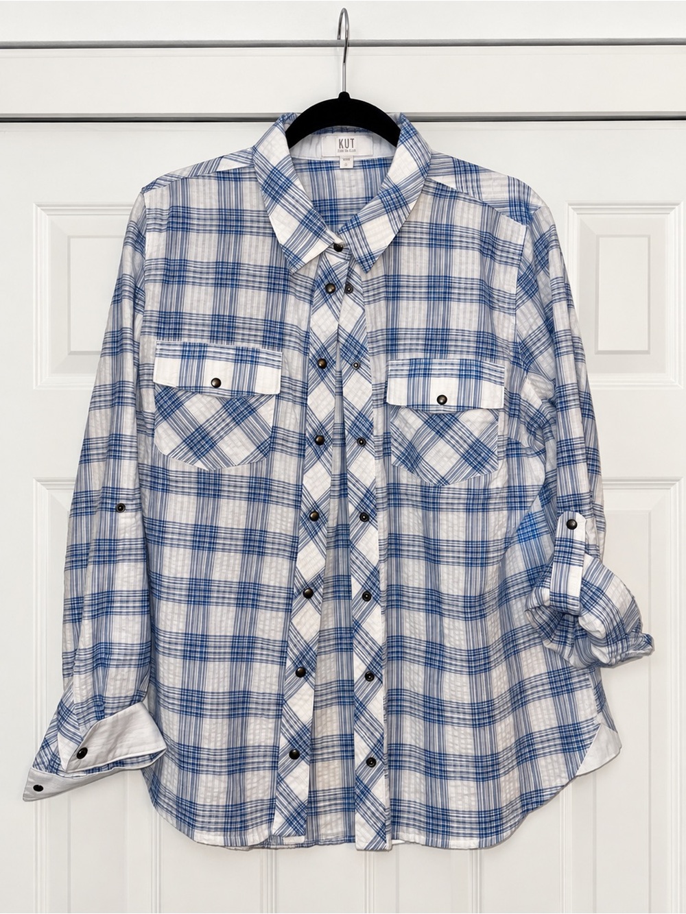 Kut from the Kloth White and Blue Plaid Button-Up Shirt